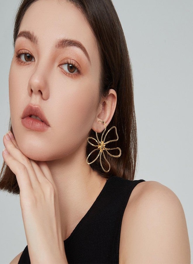Anmpab Bohemia Large Hollow Flower Hoop Earrings for Women Big Wire Frame Flower Lines Blossom Drop Dangle Earrings (Gold) - Image 3